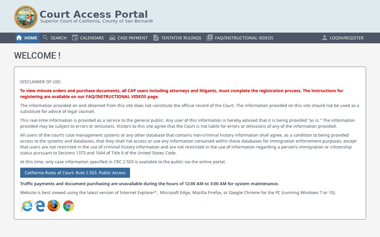 Montclair residents directory view of the San Bernardino court access portal